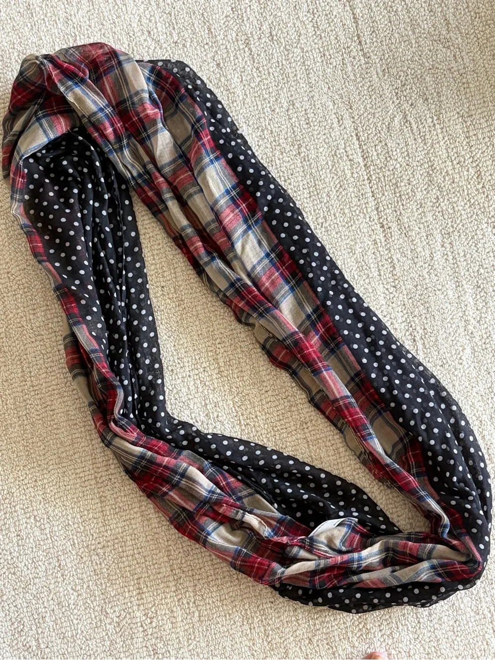 Anthropologie- Navy Polka Dot & Red Plaid Lightweight Women's Infinity Scarf